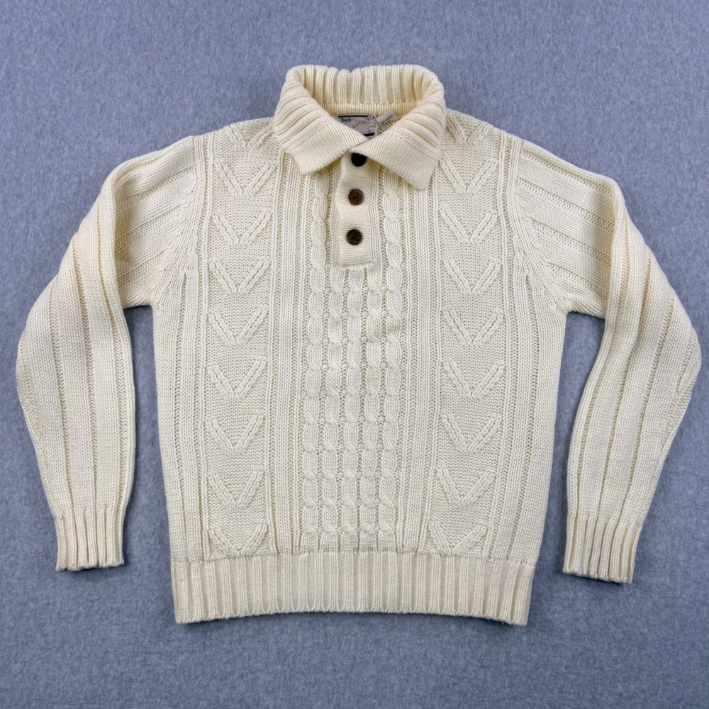 Vintage Sears Sportswear Sweater Mens Large Yellow Cable Knit‎ Button Collar 70s